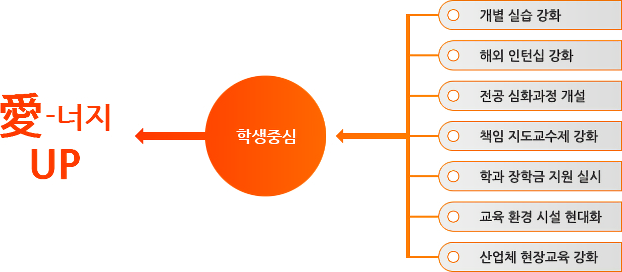 애너지 업! 학생중심 개별실습강화, 해외인턴십 강화, 전공 심화과정 개설, 책임 지도교수제 강화, 학과 장학금 지원 실시, 교육 환경 시설 현대화, 산업체 현장교육 강화